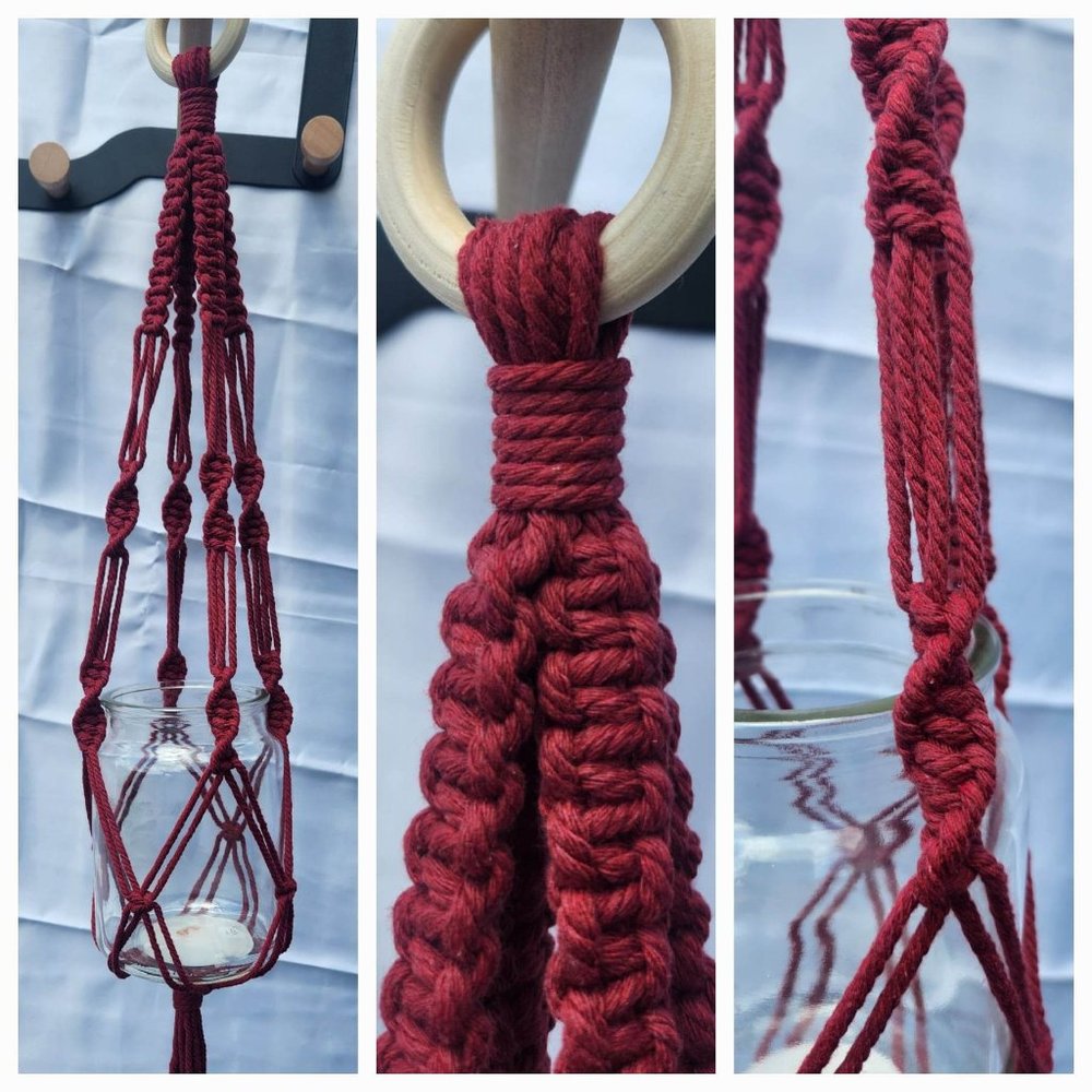 Handmade Homemade Macrame Plant Hanger in Red / Maroon